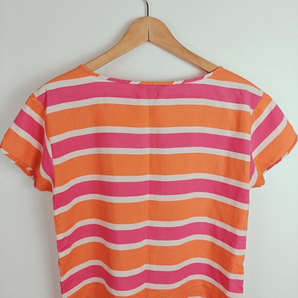 J.Crew Pink Orange White Striped 100% Silk Short Sleeve T-Shirt Blouse Size XS - Picture 5 of 9
